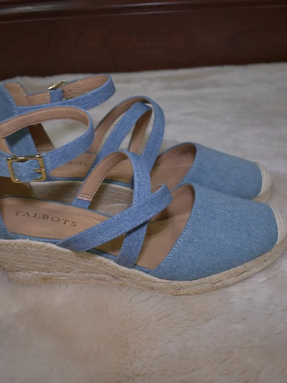 Talbots Lyndsay Denim Espadrille Wedges Size 8 Blue Strappy Summer Sandals